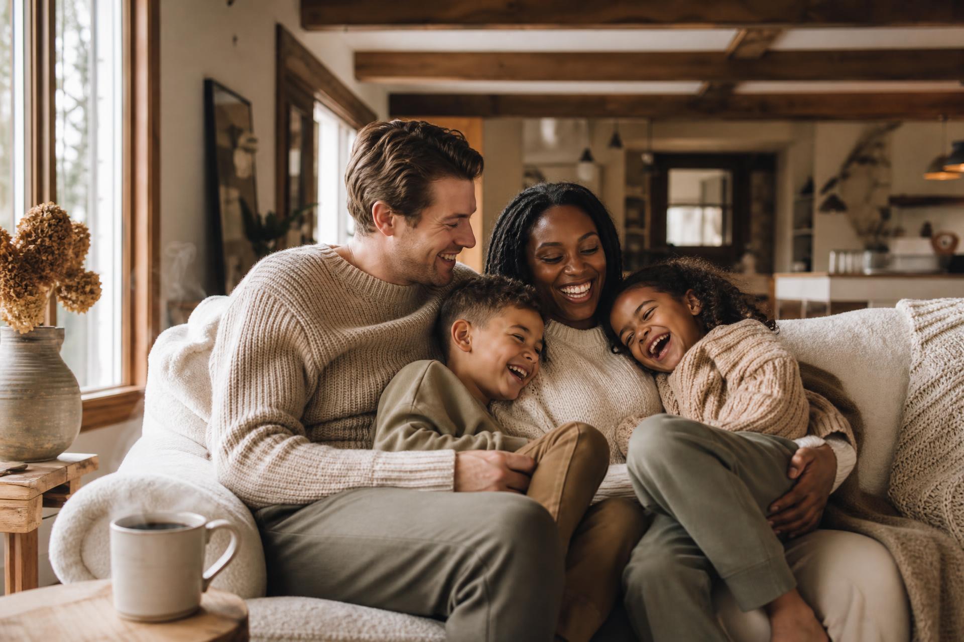 A white man, a black woman, and two children laughing and cuddling together on a cozy sofa in a warm Minnesota farmhouse living room